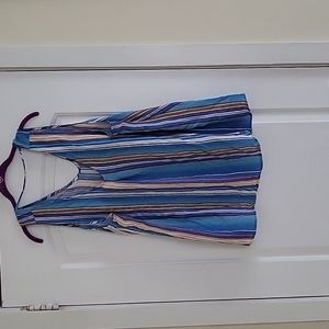 Cotton Bleu, size XL, blue tank top with peach, pink, white, and black stripes